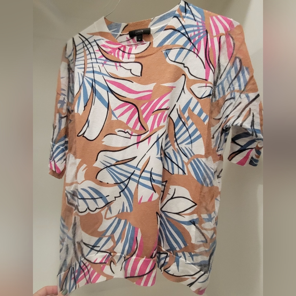 J. Crew Multicolor Leaf Print Short Sleeve Top M